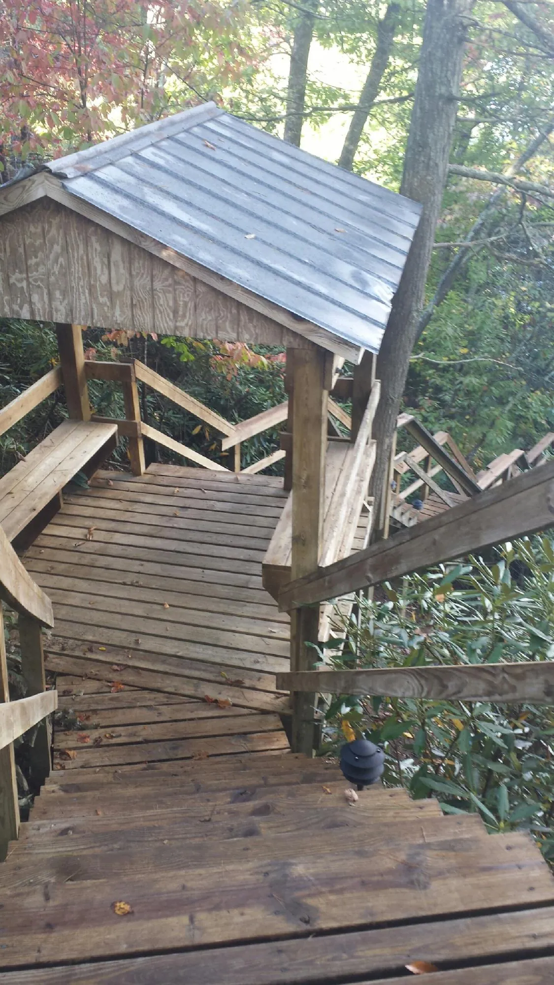 Metal roofed shelter over wooden steps on a wooded walkway — Skylight Repair & Installation work by our crew in Calypso